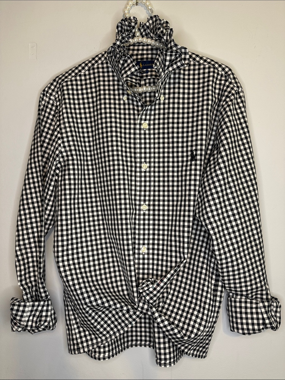 Ralph Lauren Black & White Gingham Ruffled collar Shirt